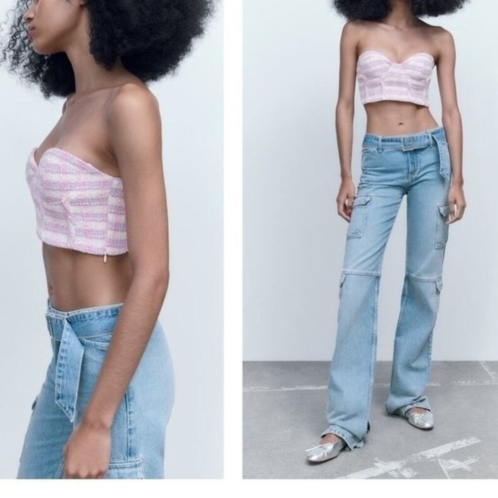 NWT ZARA Tweed Corset Bustier Crop Top Womens S Pink Purple Strapless